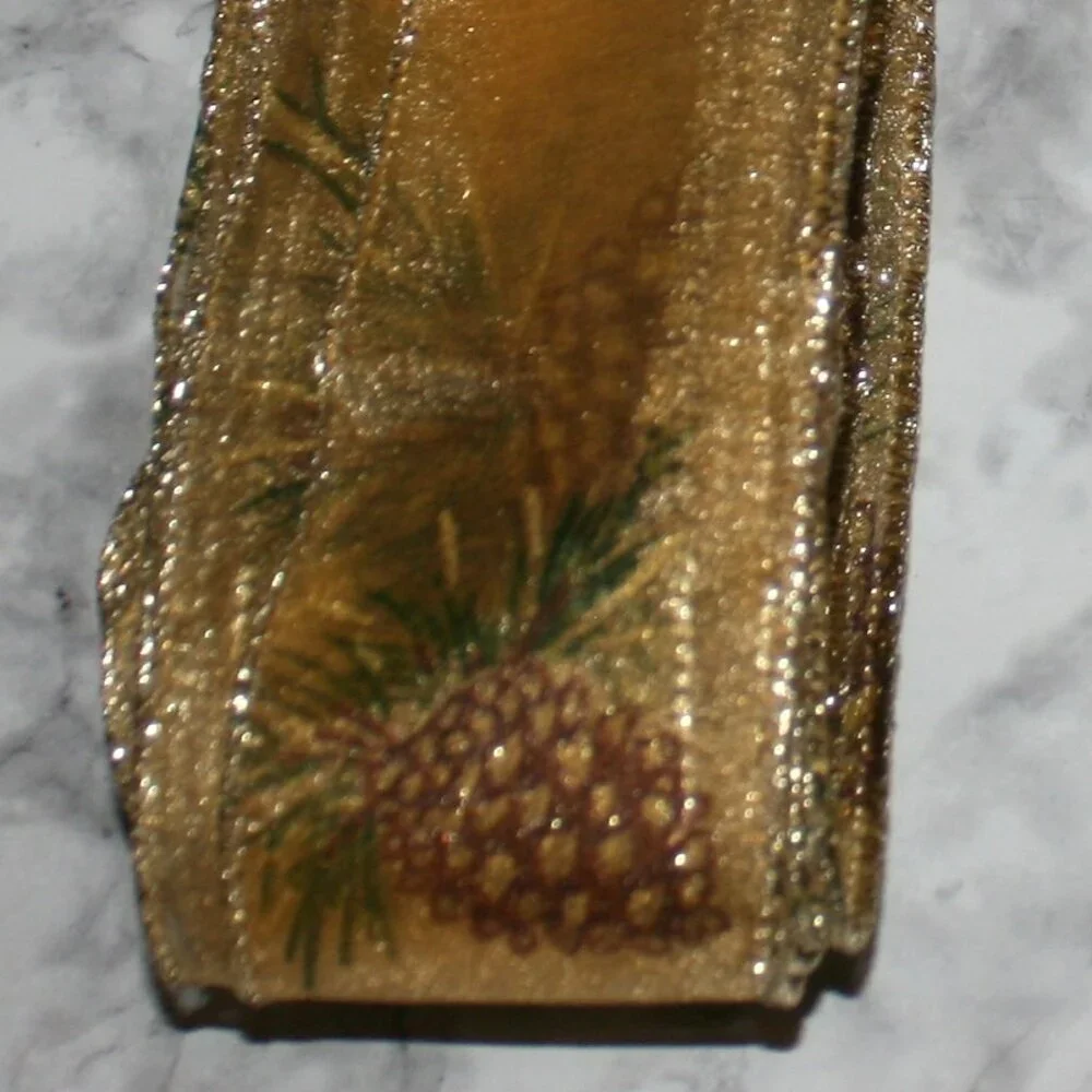 RIBBON #1430 - Gold Sheer with Pincones Wire Edge Metallic - 2 pieces 11 yds +